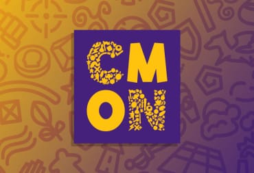 THe logo for CMON Entertainment on a stylized purple and yellow background.