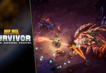 Deep Rock Galactic: Survivor Guide - Cover Image Starter Guide Logo Driller Killing a Dreadnought with Flamethrower Weapons