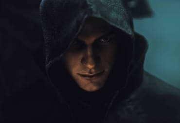 A man in a hood smirking in a cutscene render for the voxel RPG Enshrouded