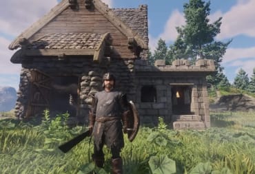 A player standing outside their wooden homestead in Enshrouded