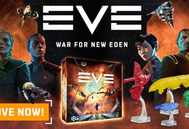 Promotional screenshot of EVE: War For New Eden, featuring the box art, ship miniatures, and several officers in the background.