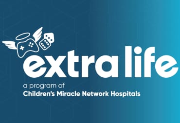 The Extra Life charity logo overlaid on a blue background