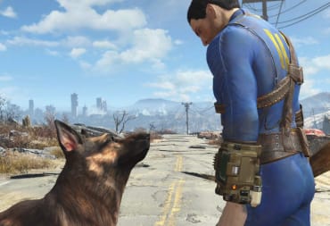 The player character looking down at Dogmeat in Fallout 4, which many people believed The Survivor 2299 could have been