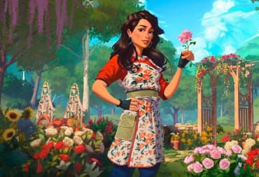 The photographer Jasmine against a verdant garden backdrop in the life sim Garden Life: A Cozy Simulator