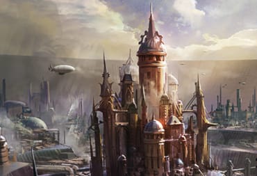 A steampunk-style city in the game Gyre: Maelstrom