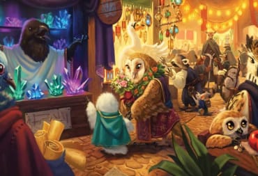 Artwork of a busy marketplace full of humanoid owls and ravens from the Humblewood campaign setting.