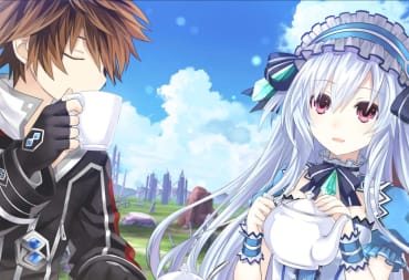 Two characters from the Idea Factory game Fairy Fencer F Advent Dark Force drinking tea