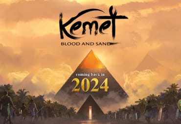 A teaser image for Kemet: Blood and Sand, showing a pyramid in a sunset with "2024" visible just below it.