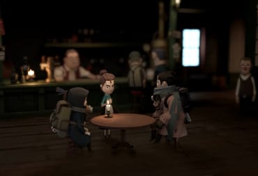 Characters gathered around a table in a pub in the RPG Little Devil Inside