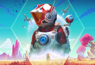 Artwork for No Man's Sky, depicting a player character in a spacesuit and an alien landscape