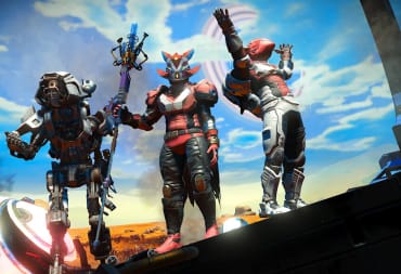 Three characters standing on a planet's surface and wearing new gear in the No Man's Sky Omega Update