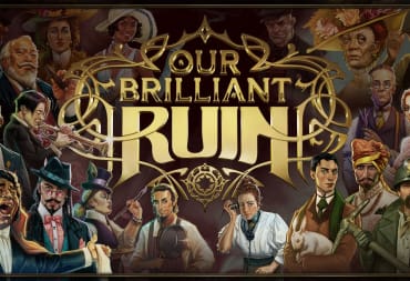 The logo for Our Brilliant Ruin surrounded by people in formal attire.