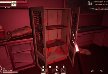 pacific drive screenshot showing a red-lit container covered in rust or blood but otherwise empty