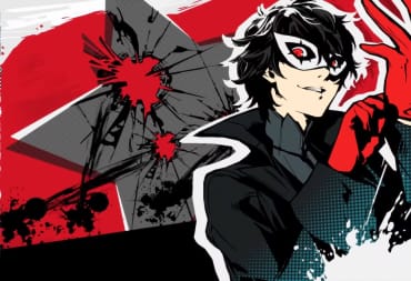 Joker adjusting his glove with the text "THE SHOW'S OVER" on the left-hand side in Persona 5