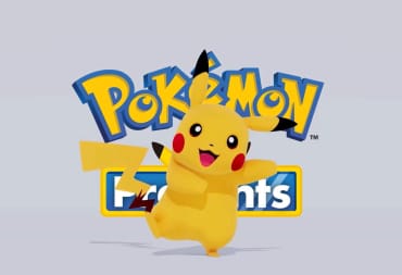 Pikachu looking happy in front of the Pokemon Presents logo