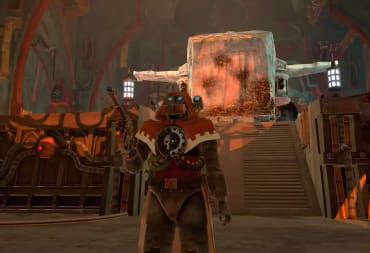 A Tech-Priest holding a cleaning nozzle and surrounded by dirty Imperial objects in the new PowerWash Simulator Warhammer 40k DLC