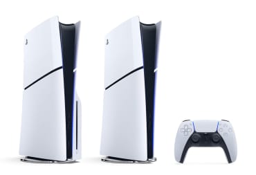 The new PS5 slim models with a DualSense beside them to represent the PS5 system software beta