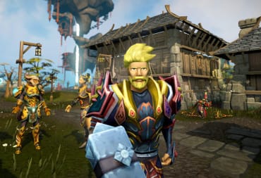 A blond character wielding a hammer in the midst of a town in the Jagex game RuneScape