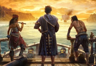 Three pirates can be seen on a ship overlooking the ocean.