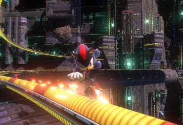 Shadow the Hedgehog skating along a rail in the upcoming game Sonic x Shadow Generations, 