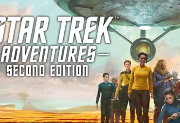 A promotional image for Star Trek Adventures Second Edition, a Starfleet crew can be seen disembarking from a starship on to a desolate desert world.