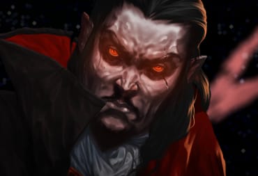 The Vampire Survivors vampire with a space background behind him in artwork for the Vampire Survivors Space-54 update