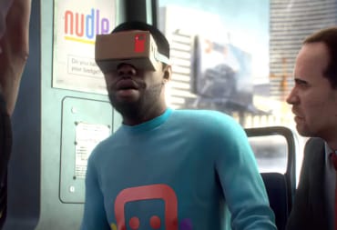 A man with a VR headset on looking bemused in Watch Dogs 2