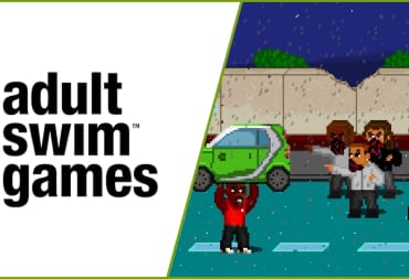 The Adult Swim Games logo next to a shot of the company's game Fist Puncher