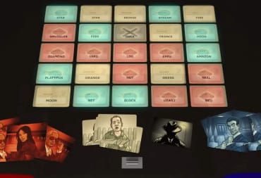 A Codenames board complete with team allocations