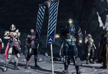 Characters in Destiny standing next to a banner