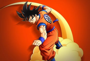 Goku smiling and standing on a cloud in Dragon Ball Z: Kakarot, based on the manga created by Akira Toriyama
