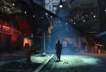 Nick Valentine standing in Diamond City in Fallout 4