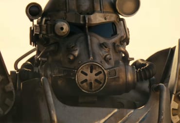 A squire of the Brotherhood of Steel in full armor in the Fallout TV series