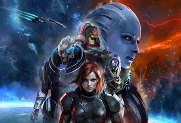 A promotional artwork of the Mass Effect board game, featuring female Commander Shepard, Tali, Garrus, Wrex, and Liara standing in front of a vast horizon of stars and planets.