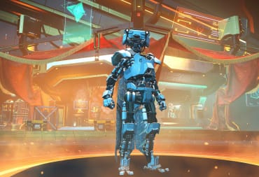 A robotic figure standing in front of a bank of computers in No Man's Sky