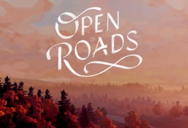 The Open Roads logo against key art depicting a forest and a pink sky