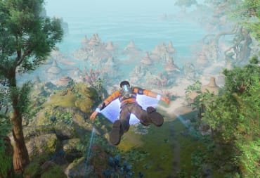 Outcast a New Beginning screenshot showing a man in an orange top gliding over a lush forest heading for a coastal fishing village