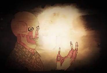 A man whose skin has been blown off in an atomic blast staring at his hand (don't worry, it's animated) in Rauniot
