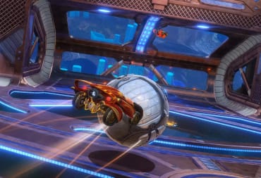 A car launching itself towards the ball in the Rocket League AquaDome update