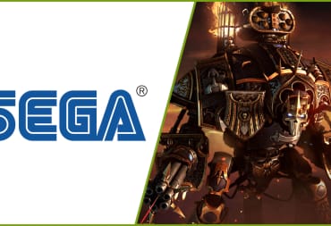 The Sega logo next to an Imperial Knight from the Relic Entertainment game Warhammer 40,000: Dawn of War 3