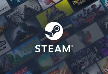 The Steam logo with many games sold on the service forming a tiled backdrop