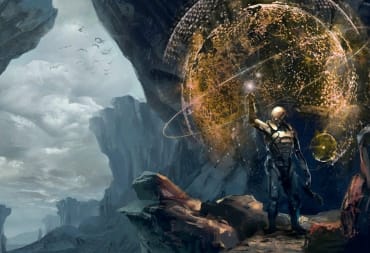 Artwork from the cover of The Art of Mass Effect: Andromeda, depicting a figure creating a light globe on a cliff