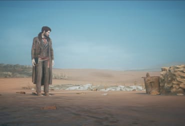 The Thaumaturge screenshot showing a man standing in a desert and staring at a nearby well
