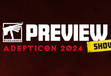 A promotional image of the upcoming Adepticon 2024 Preview show, showing the logo on a dark red background.
