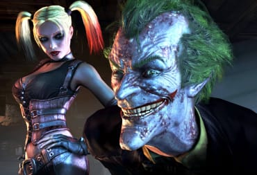 The Joker leering into the camera while Harley Quinn stands behind him in Batman: Arkham City, intended to represent April Fools' Day 2024