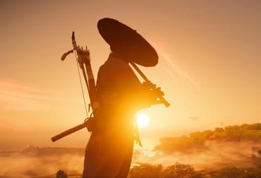 Jin playing his flute while silhouetted by the sun in Ghost of Tsushima