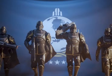 Four Helldivers walking towards the camera with a flag behind them in Helldivers 2