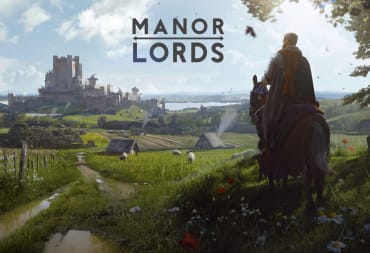 Key art for Manor Lords, which depicts a character on a horse looking out over a castle town