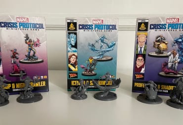 An image from Marvel Crisis Protocol depicting the minis for Professor X Shadow King Bishop Nightcrawler Iceman and Shadow Cat