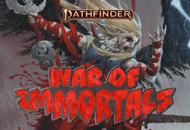 A promotional image of Pathfinder War of Immortals, showing a warrior wielding a blade in the middle of storm clouds raining blood.